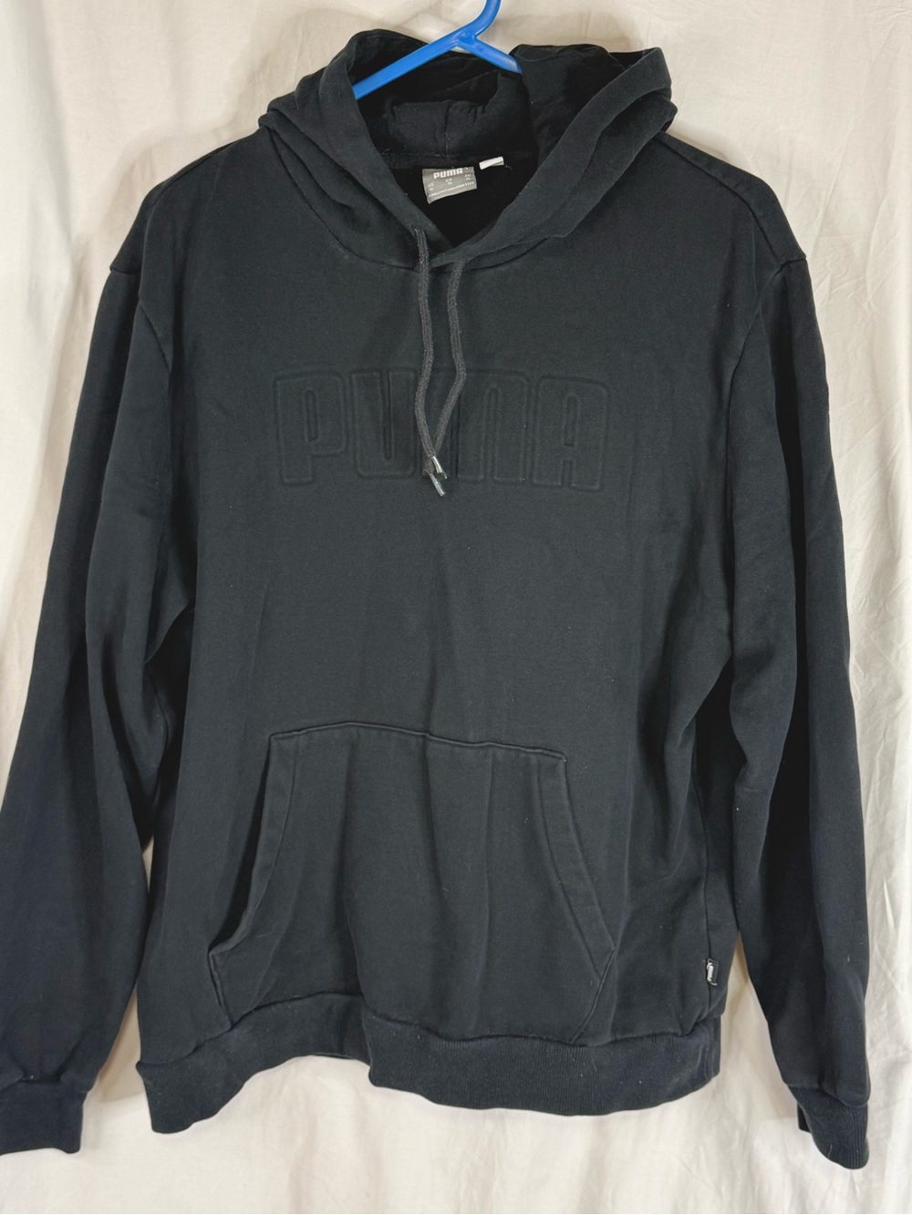 Puma Woman’s All Black Embossed Logo Pullover Hoodie — Size XL